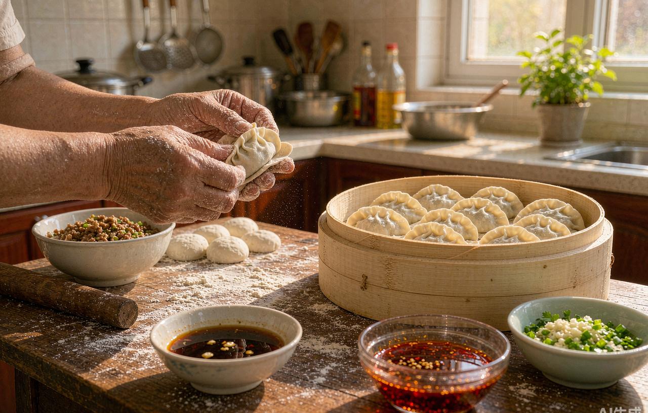Folding dumplings in a Beijing family kitchen