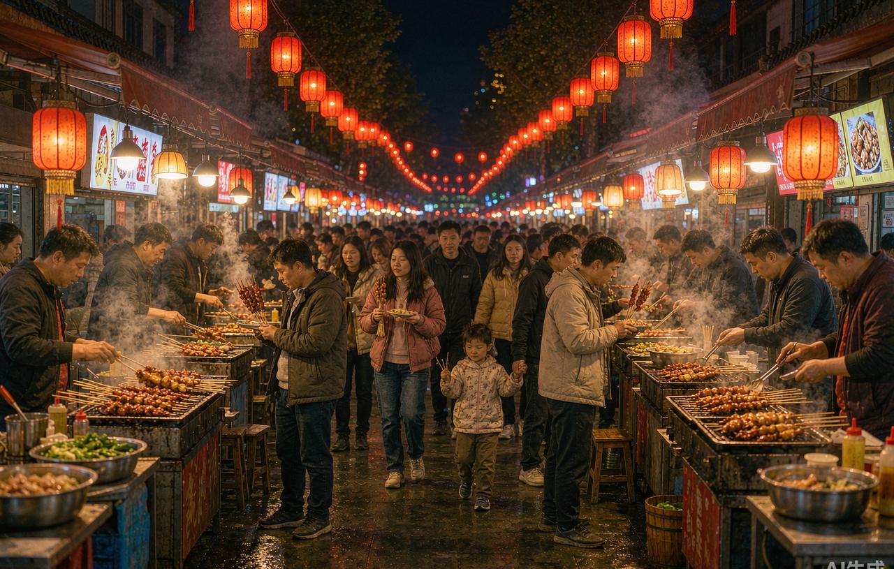 Red lanterns over a busy night market