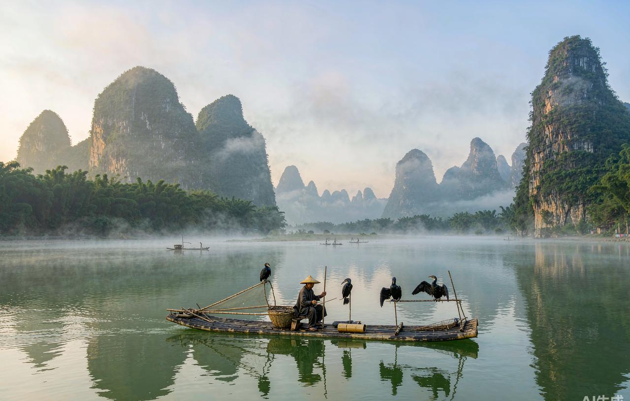Bamboo raft on the Li River among karst peaks